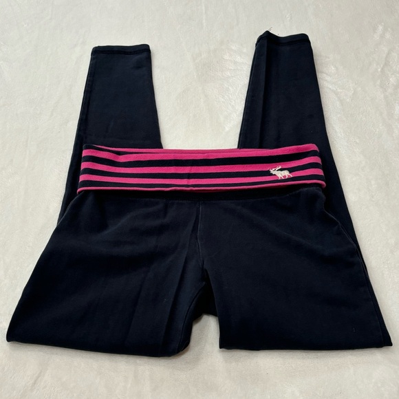 ABERCROMBIE KIDS Girl’s Navy & Pink Striped Fold Over Yoga Leggings Pants size M - Picture 1 of 6